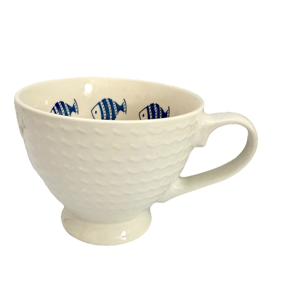 Embossed Footed White Coffee Cup Mug 14 oz Inside Mug Has Blue Fish Pattern EUC